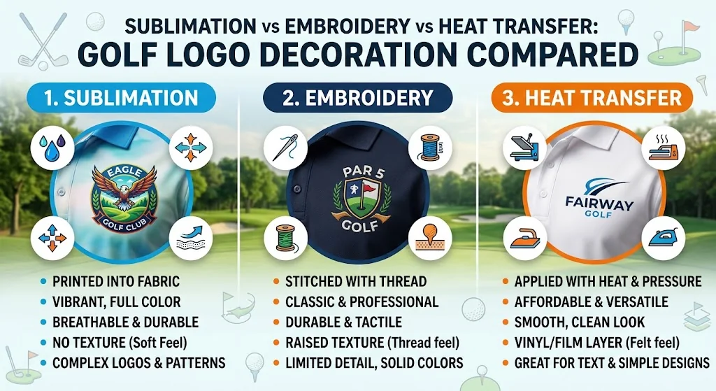 Sublimation vs Embroidery vs Heat Transfer: Golf Logo Decoration Compared