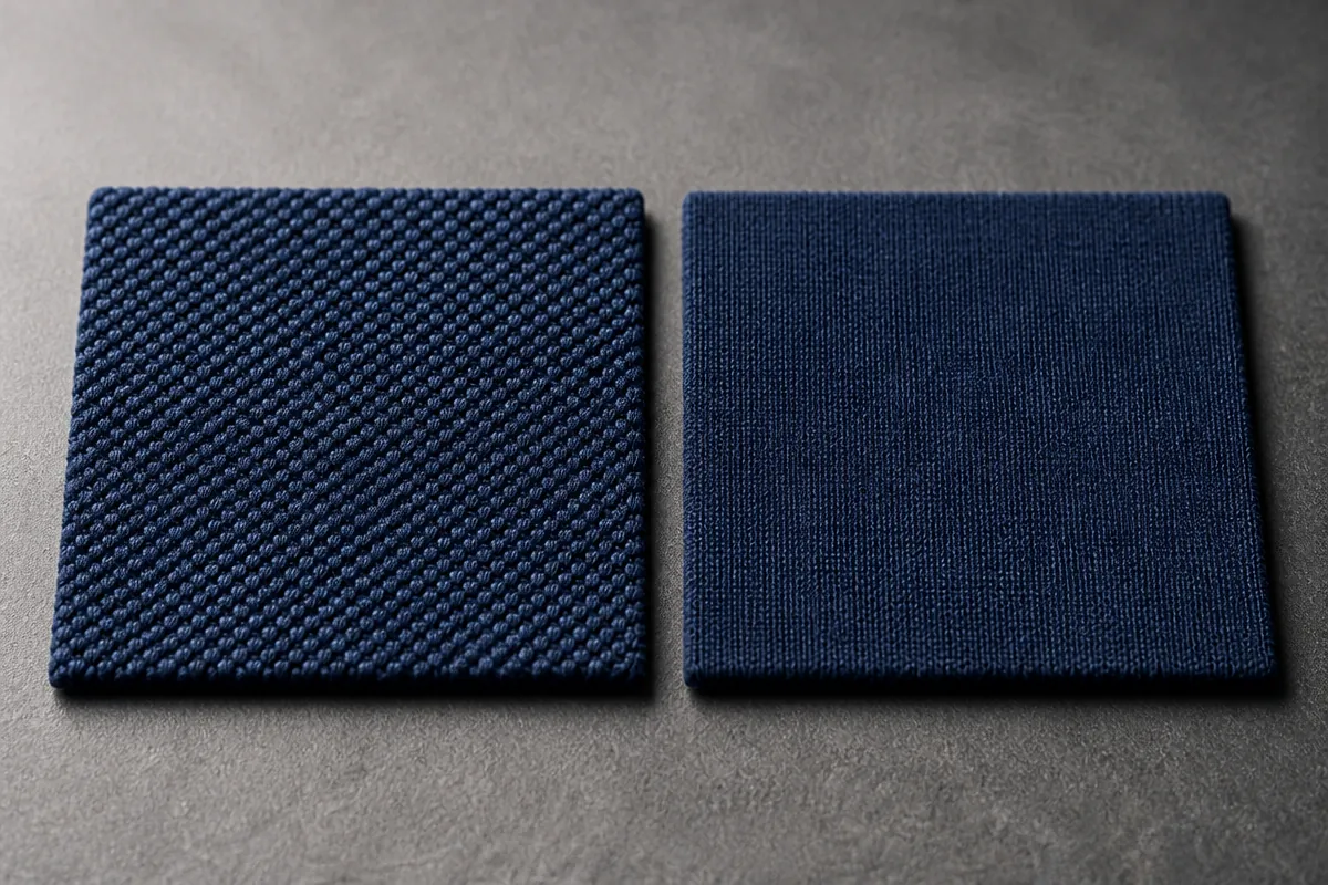 Two knit swatches: raised piqué face and smooth interlock face