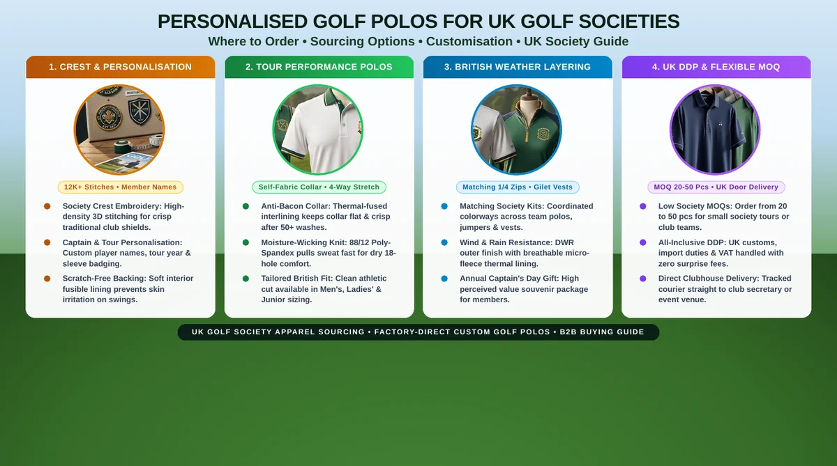Where can I order personalised golf polo shirts for a UK golf society?