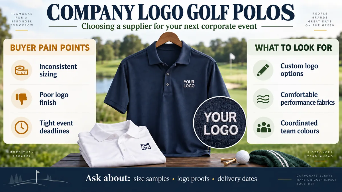 Who supplies golf polo shirts with company logos for corporate events?