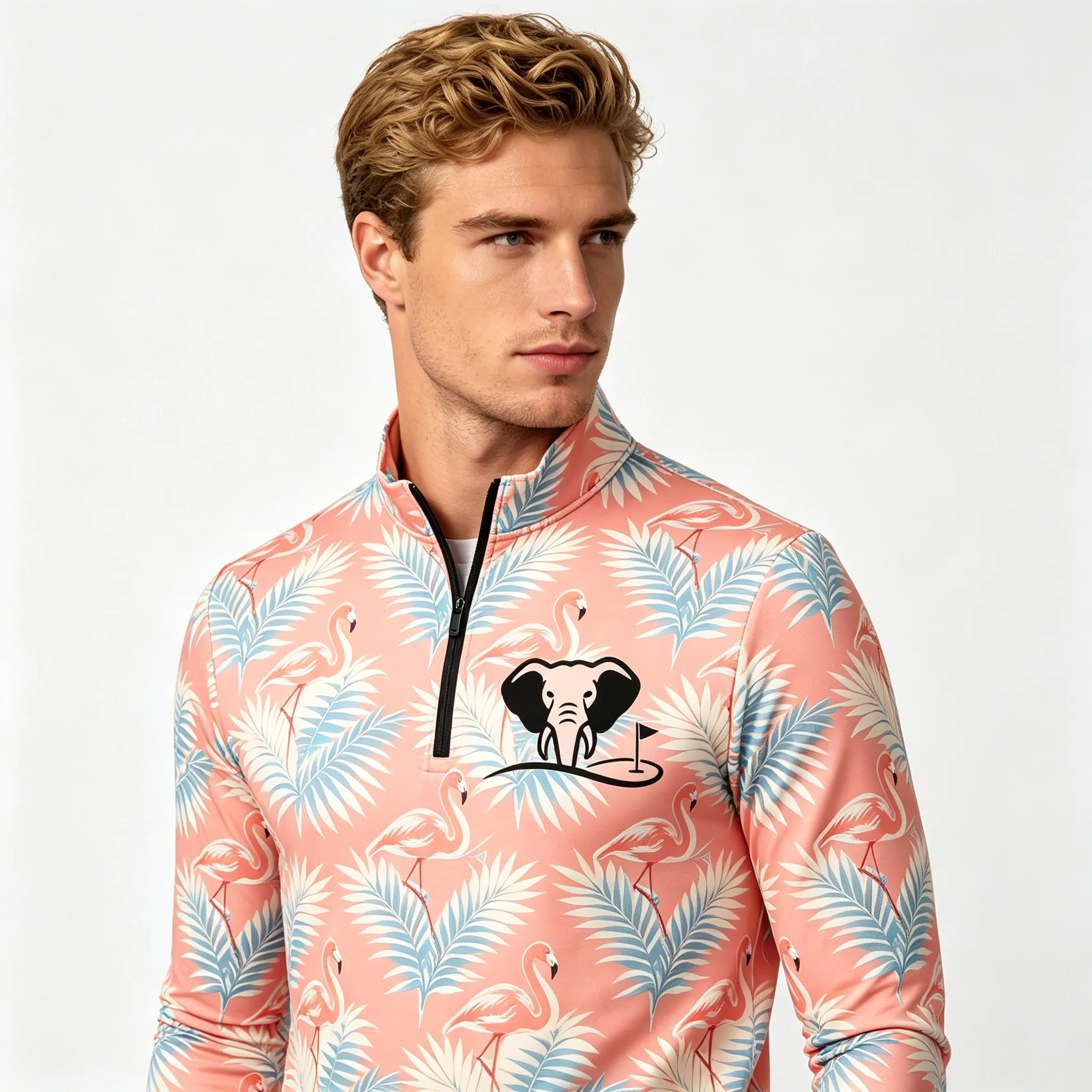 Birdie Flamingo Parade Custom Lightweight Golf Quarter-Zip for Tournament Teams — custom golf quarter zip in 88% Polyester / 12% Spandex Jersey;, Embroidery / print; sample approval required, low MOQ 50 pcs — view 2