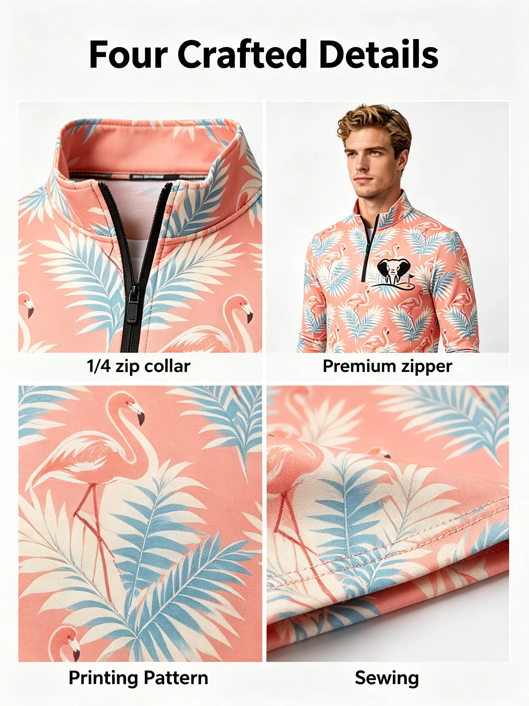 Birdie Flamingo Parade Custom Lightweight Golf Quarter-Zip for Tournament Teams — custom golf quarter zip in 88% Polyester / 12% Spandex Jersey;, Embroidery / print; sample approval required, low MOQ 50 pcs — view 4