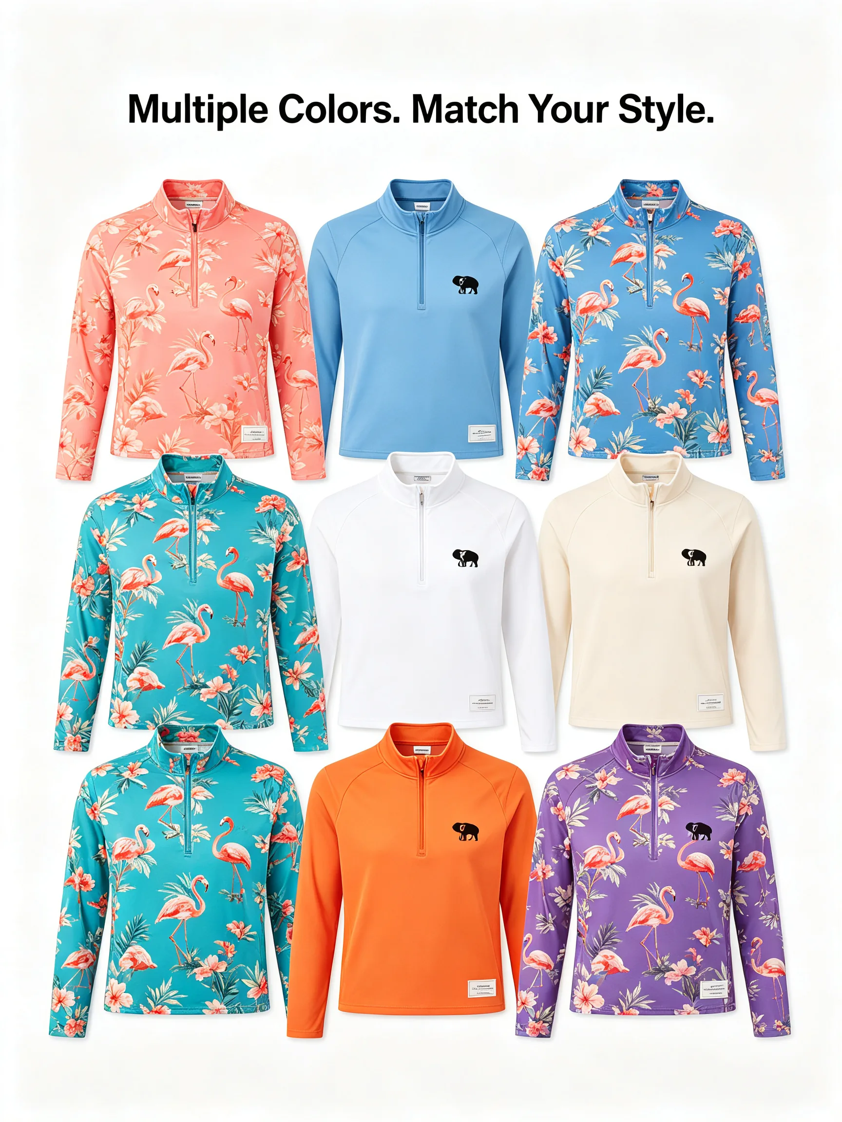 Birdie Flamingo Parade Custom Lightweight Golf Quarter-Zip for Tournament Teams — custom golf quarter zip in 88% Polyester / 12% Spandex Jersey;, Embroidery / print; sample approval required, low MOQ 50 pcs