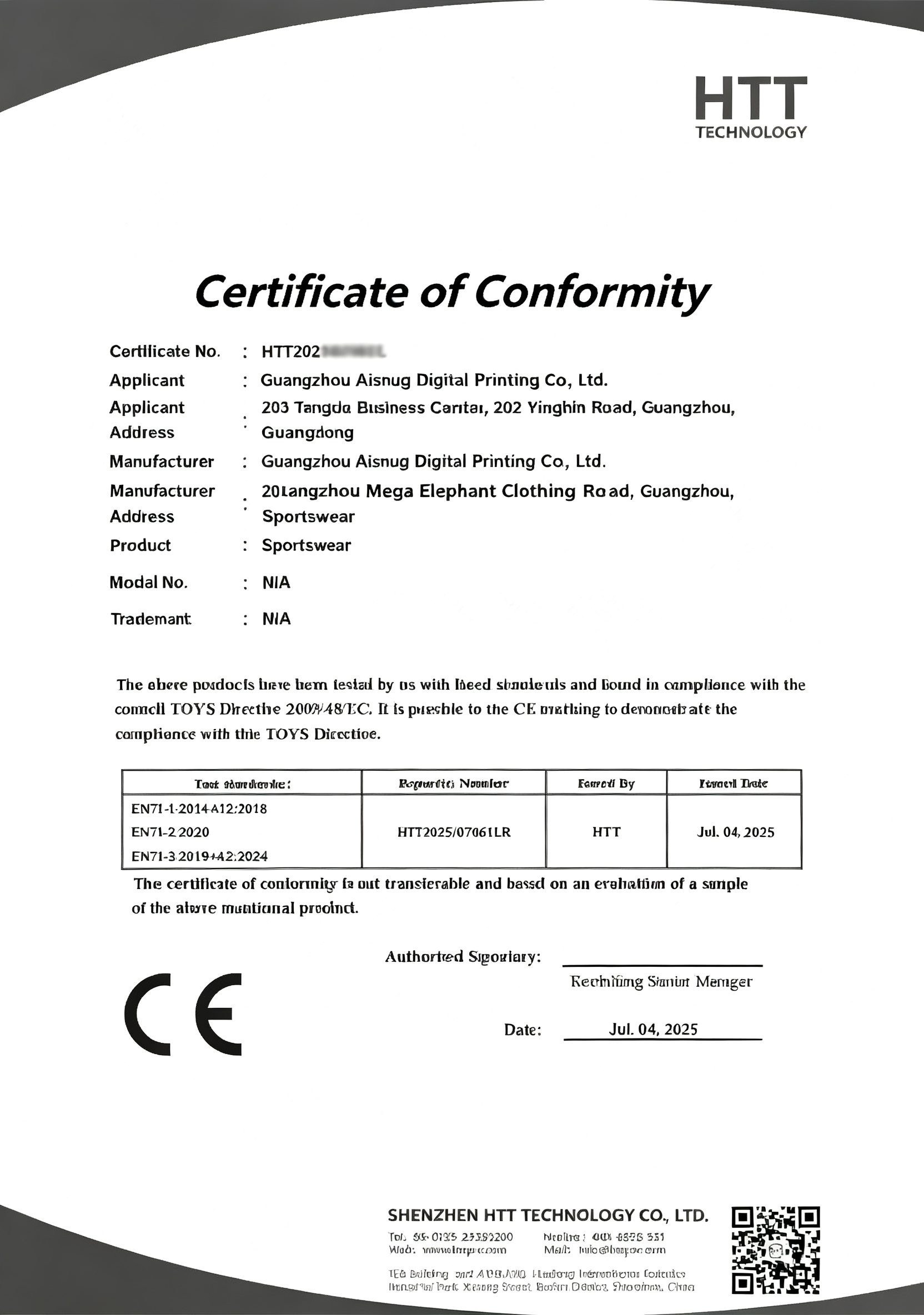 CE certificate of conformity for sportswear EU market