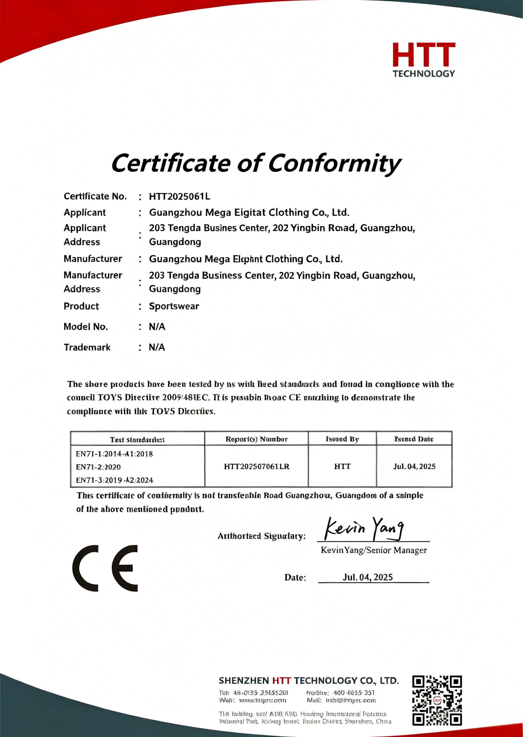 CE certificate of conformity EN71 for sportswear