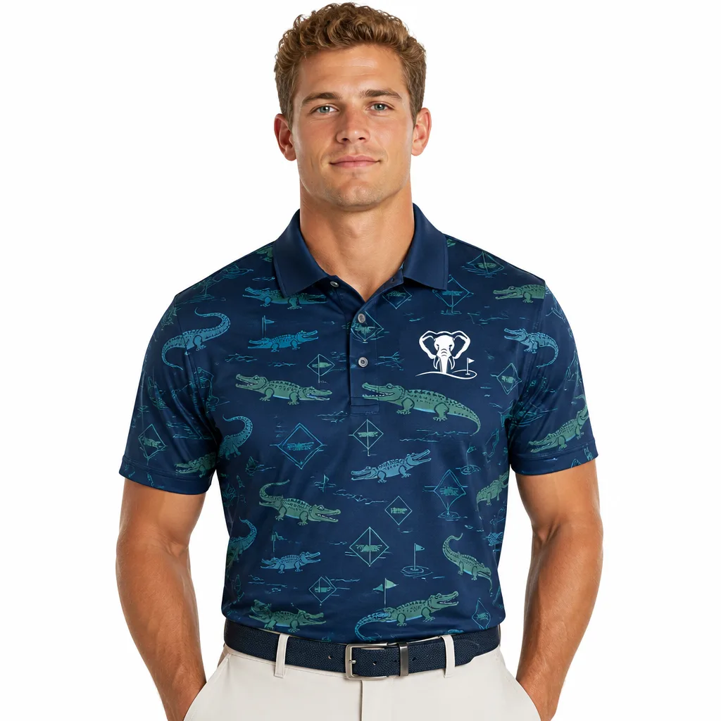 Custom Alligator Hazard Golf Polo: Performance Dry-Fit Shirt — custom golf shirt in 92% Polyester 8% Spandex, 3D Silicone Logo, Embroidery, Woven Label, low MOQ 50 pcs — view 2