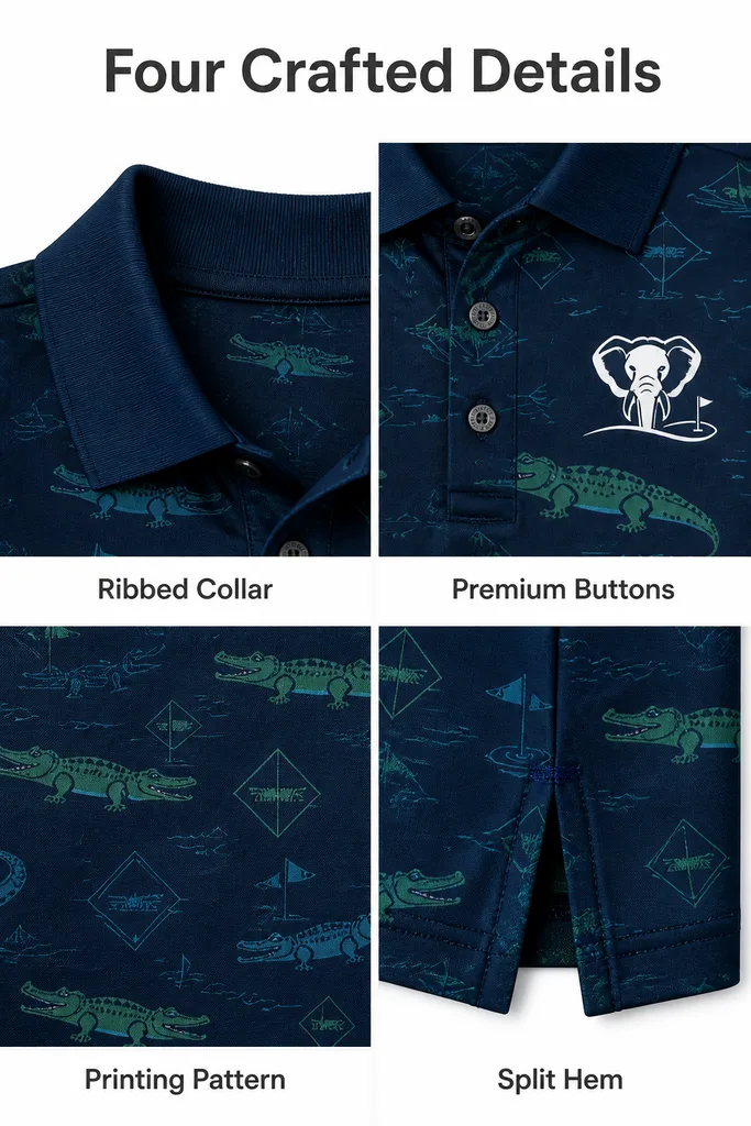 Custom Alligator Hazard Golf Polo: Performance Dry-Fit Shirt — custom golf shirt in 92% Polyester 8% Spandex, 3D Silicone Logo, Embroidery, Woven Label, low MOQ 50 pcs — view 3