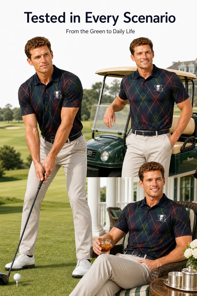 Custom Argyle Golf Polo: Modern Retro Performance Team Shirt — custom golf shirt in 92% Polyester 8% Spandex, 3D Silicone Logo, Embroidery, Woven Label, low MOQ 50 pcs — view 4