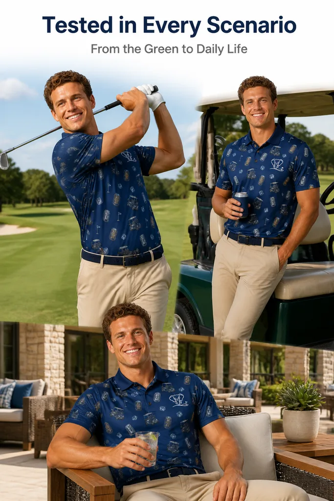 Custom Beer Print Golf Polo: Crazy Fun Tournament Team Wear — custom golf shirt in 92% Polyester 8% Spandex, 3D Silicone Logo, Embroidery, Woven Label, low MOQ 50 pcs — view 3