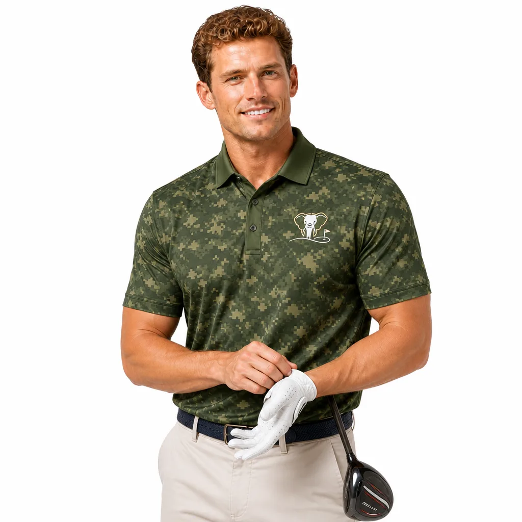 Custom Camo Golf Shirt: Performance Moisture-Wicking Team Polo — custom golf shirt in 92% Polyester 8% Spandex, 3D Silicone Logo, Embroidery, Woven Label, low MOQ 50 pcs — view 2