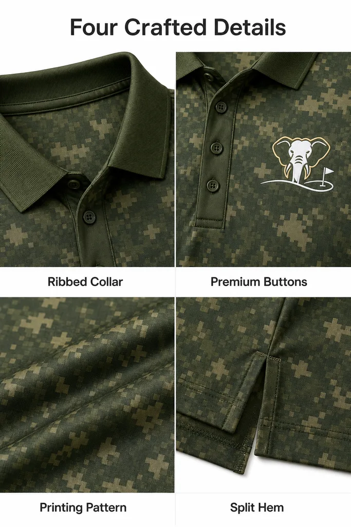 Custom Camo Golf Shirt: Performance Moisture-Wicking Team Polo — custom golf shirt in 92% Polyester 8% Spandex, 3D Silicone Logo, Embroidery, Woven Label, low MOQ 50 pcs — view 4