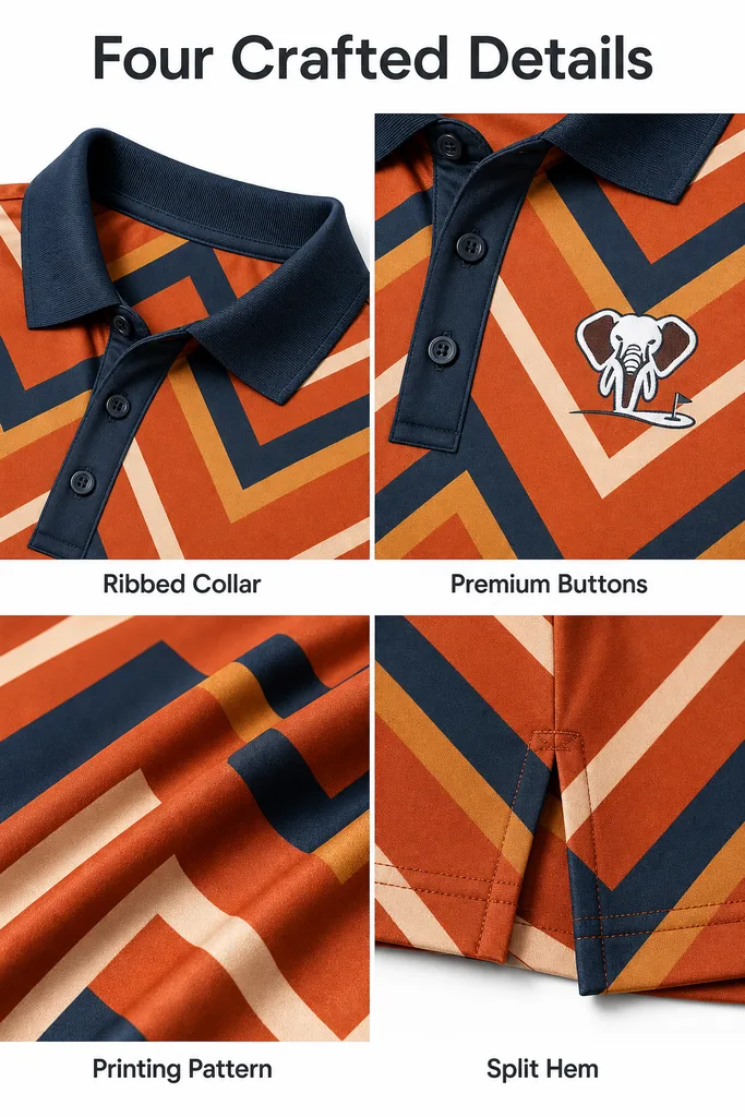 Custom Chevron Stripe Golf Polo: Retro Athletic Performance Wear — custom golf shirt in 92% Polyester 8% Spandex, 3D Silicone Logo, Embroidery, Woven Label, low MOQ 50 pcs — view 4