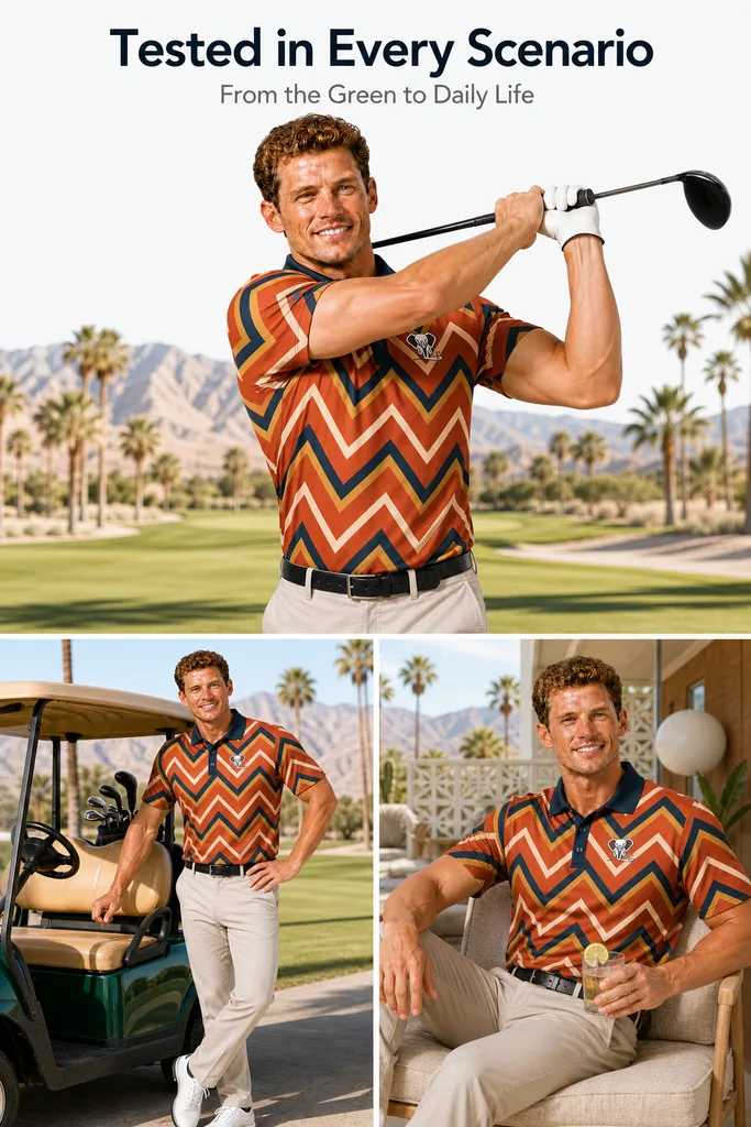 Custom Chevron Stripe Golf Polo: Retro Athletic Performance Wear — custom golf shirt in 92% Polyester 8% Spandex, 3D Silicone Logo, Embroidery, Woven Label, low MOQ 50 pcs — view 5