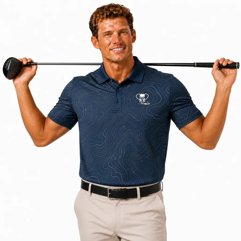Custom Course Topo Golf Shirt: Sublimated Performance Team Polo — custom golf shirt in 92% Polyester 8% Spandex, 3D Silicone Logo, Embroidery, Woven Label, low MOQ 50 pcs — view 2