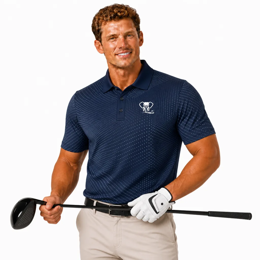 Custom Dot Matrix Golf Polo: Technical Stretch Corporate Shirt — custom golf shirt in 92% Polyester 8% Spandex, 3D Silicone Logo, Embroidery, Woven Label, low MOQ 50 pcs — view 2
