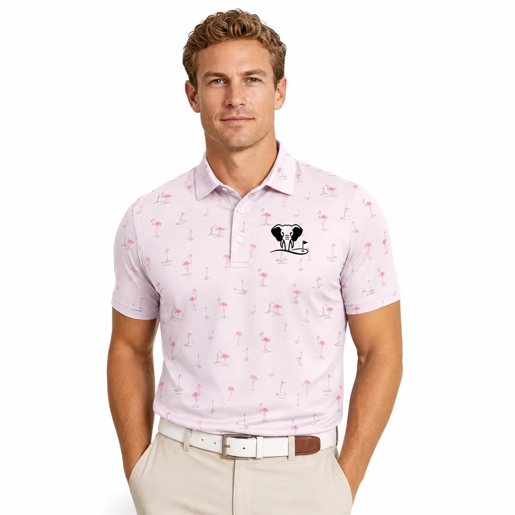 Custom Flamingo Golf Shirt: Moisture-Wicking Funny Team Polo — custom golf shirt in 92% Polyester 8% Spandex, 3D Silicone Logo / Embroidery / Woven Label, low MOQ 50 pcs