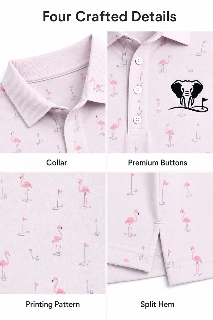 Custom Flamingo Golf Shirt: Moisture-Wicking Funny Team Polo — custom golf shirt in 92% Polyester 8% Spandex, 3D Silicone Logo / Embroidery / Woven Label, low MOQ 50 pcs — view 2