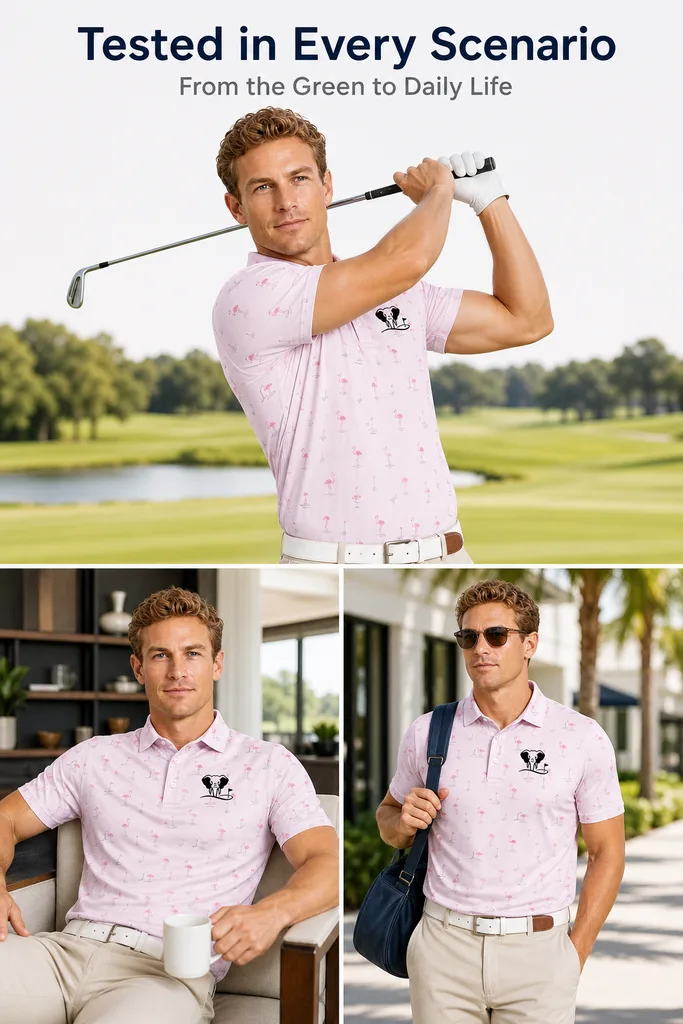 Custom Flamingo Golf Shirt: Moisture-Wicking Funny Team Polo — custom golf shirt in 92% Polyester 8% Spandex, 3D Silicone Logo / Embroidery / Woven Label, low MOQ 50 pcs — view 3