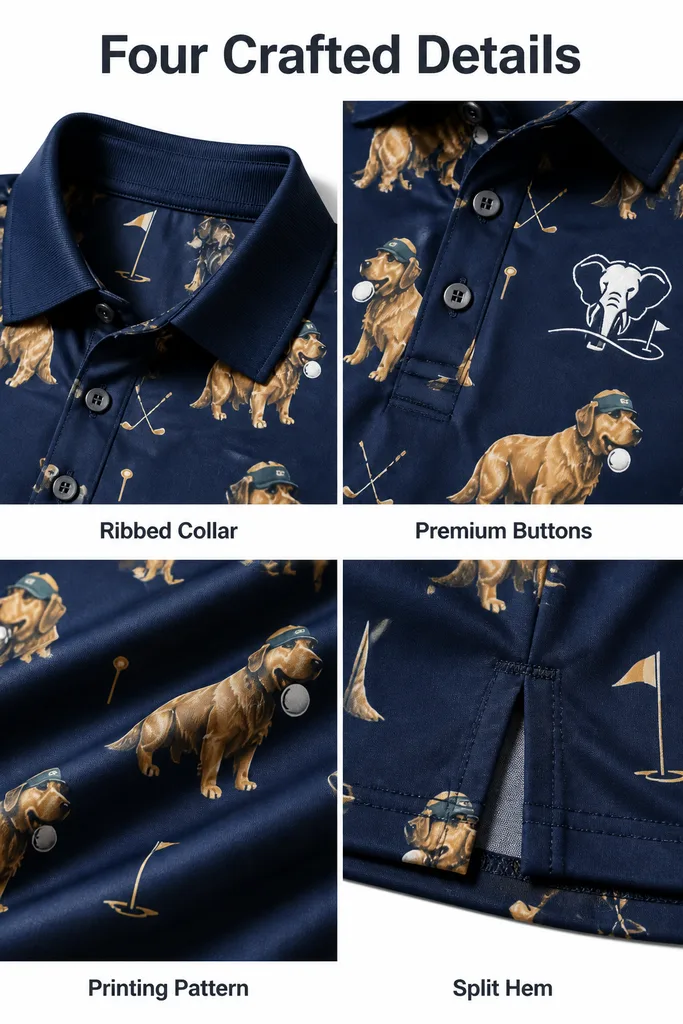 Custom Golf Dog Print Polo: Novelty Moisture-Wicking Shirt — custom golf shirt in 92% Polyester 8% Spandex, 3D Silicone Logo, Embroidery, Woven Label, low MOQ 50 pcs — view 4