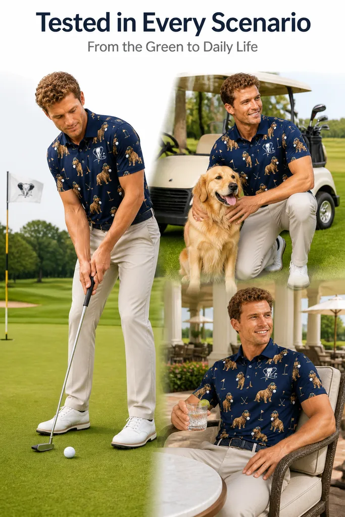 Custom Golf Dog Print Polo: Novelty Moisture-Wicking Shirt — custom golf shirt in 92% Polyester 8% Spandex, 3D Silicone Logo, Embroidery, Woven Label, low MOQ 50 pcs — view 5