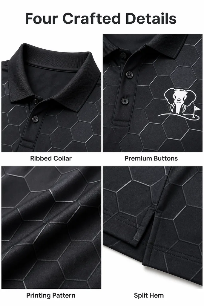 Custom Hexagon Grid Golf Polo: Breathable Athletic Team Shirt — custom golf shirt in 92% Polyester 8% Spandex, 3D Silicone Logo, Embroidery, Woven Label, low MOQ 50 pcs — view 3