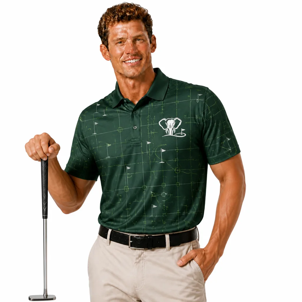 Custom Putting Green Golf Polo: Geometric Tournament Team Shirt — custom golf shirt in 92% Polyester 8% Spandex, 3D Silicone Logo, Embroidery, Woven Label, low MOQ 50 pcs — view 2