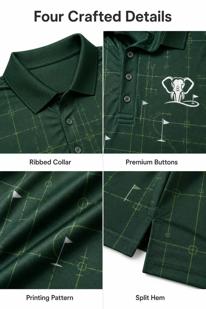 Custom Putting Green Golf Polo: Geometric Tournament Team Shirt — custom golf shirt in 92% Polyester 8% Spandex, 3D Silicone Logo, Embroidery, Woven Label, low MOQ 50 pcs — view 3