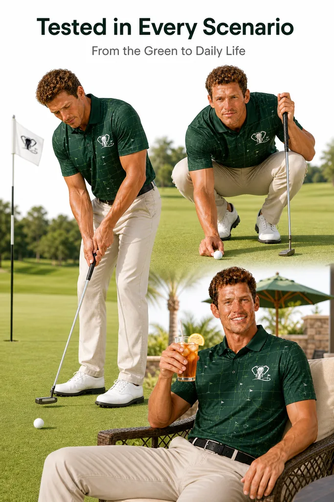Custom Putting Green Golf Polo: Geometric Tournament Team Shirt — custom golf shirt in 92% Polyester 8% Spandex, 3D Silicone Logo, Embroidery, Woven Label, low MOQ 50 pcs — view 5