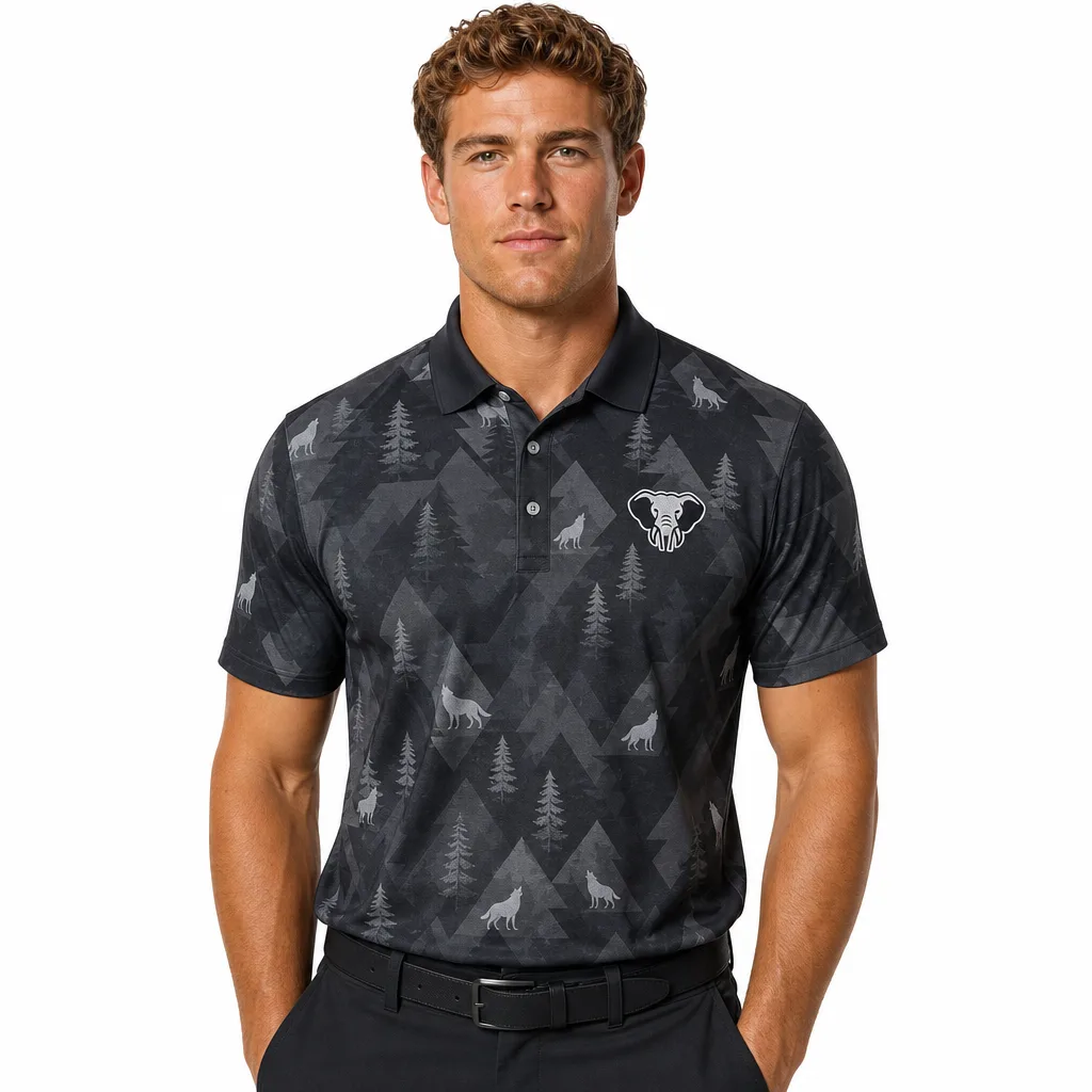 Custom Timber Wolf Golf Shirt: Camo Performance Team Polo — custom golf shirt in 92% Polyester 8% Spandex, 3D Silicone Logo / Embroidery / Woven Label, low MOQ 50 pcs