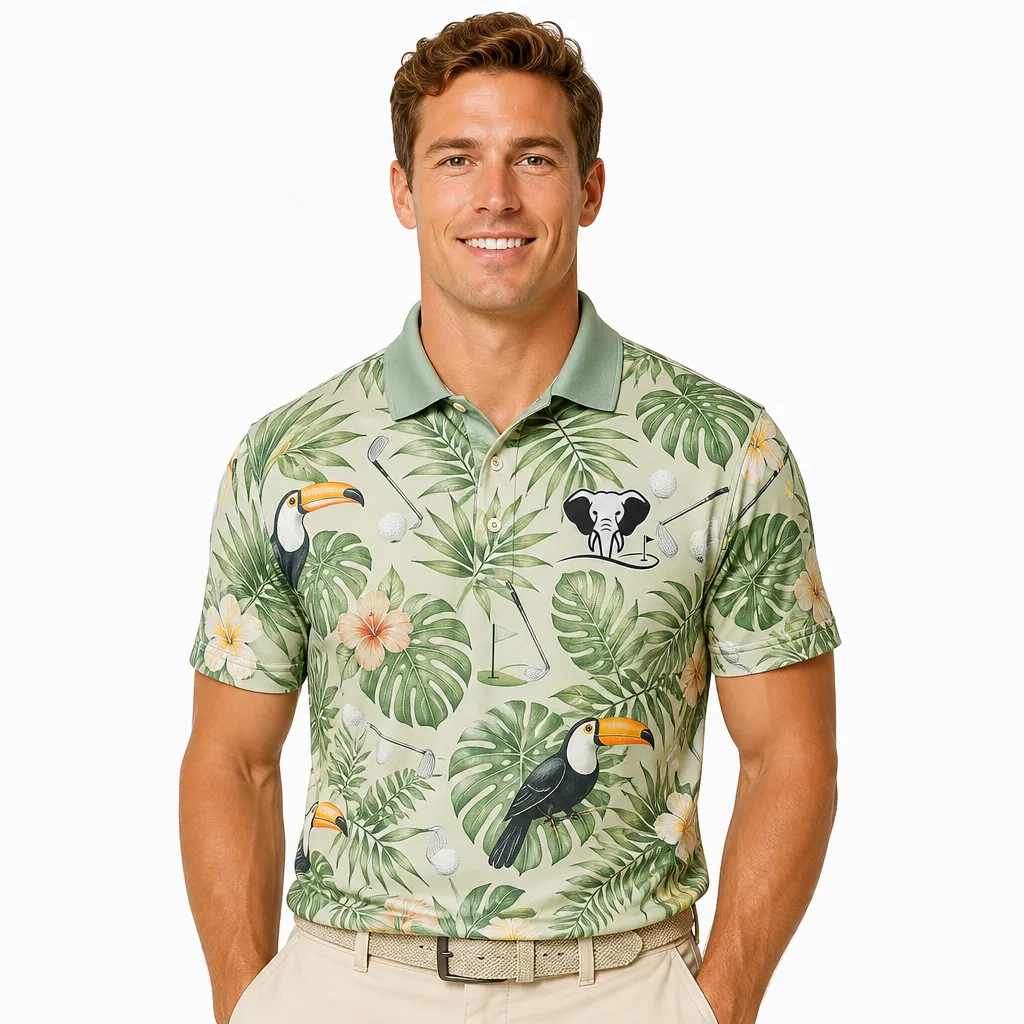 Custom Toucan Print Golf Shirt: All-Over Sublimated Team Polo — custom golf shirt in 92% Polyester 8% Spandex, 3D Silicone Logo / Embroidery / Woven Label, low MOQ 50 pcs