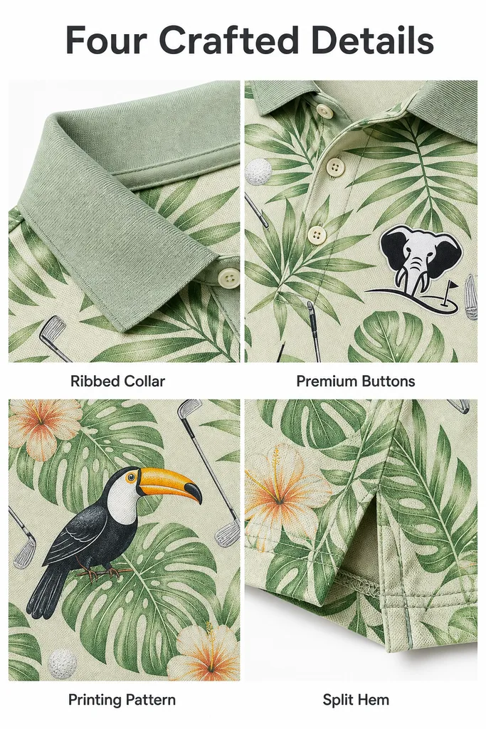 Custom Toucan Print Golf Shirt: All-Over Sublimated Team Polo — custom golf shirt in 92% Polyester 8% Spandex, 3D Silicone Logo / Embroidery / Woven Label, low MOQ 50 pcs — view 4