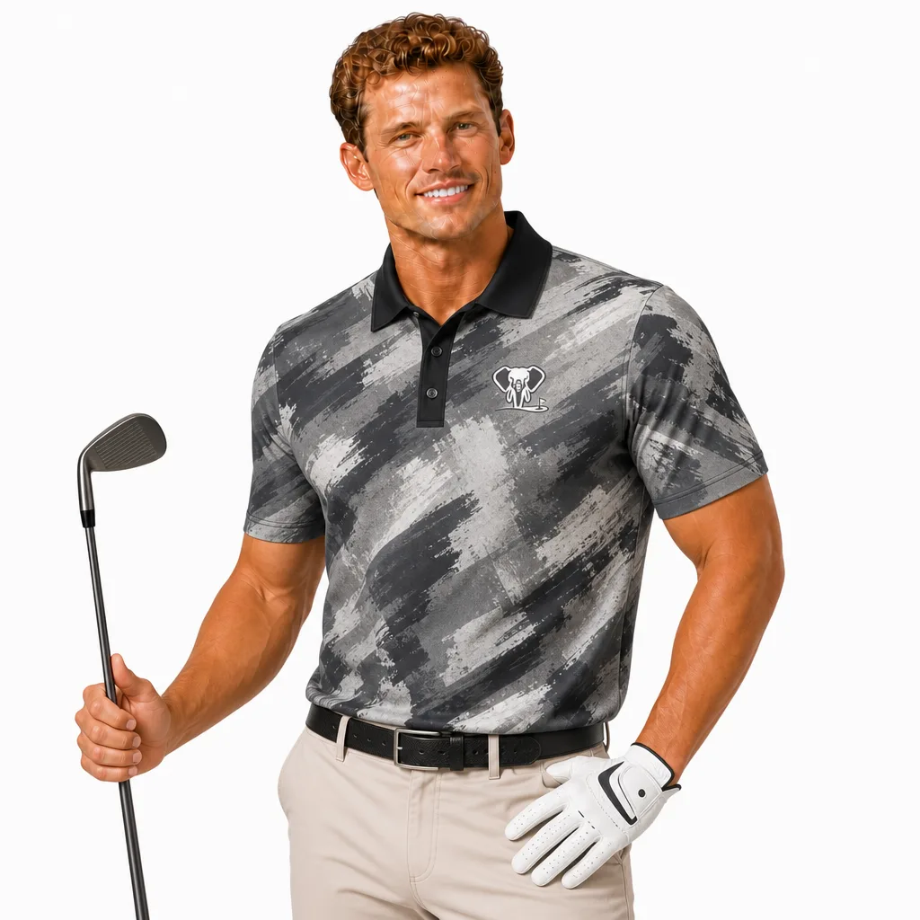 Custom Urban Camo Golf Shirt: Dry-Fit Performance League Polo — custom golf shirt in 92% Polyester 8% Spandex, 3D Silicone Logo, Embroidery, Woven Label, low MOQ 50 pcs — view 2
