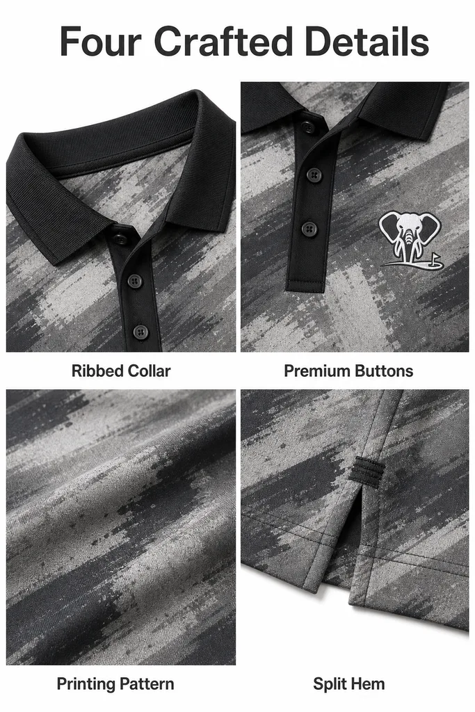 Custom Urban Camo Golf Shirt: Dry-Fit Performance League Polo — custom golf shirt in 92% Polyester 8% Spandex, 3D Silicone Logo, Embroidery, Woven Label, low MOQ 50 pcs — view 3