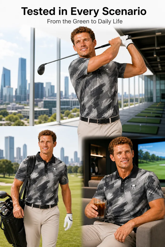 Custom Urban Camo Golf Shirt: Dry-Fit Performance League Polo — custom golf shirt in 92% Polyester 8% Spandex, 3D Silicone Logo, Embroidery, Woven Label, low MOQ 50 pcs — view 4