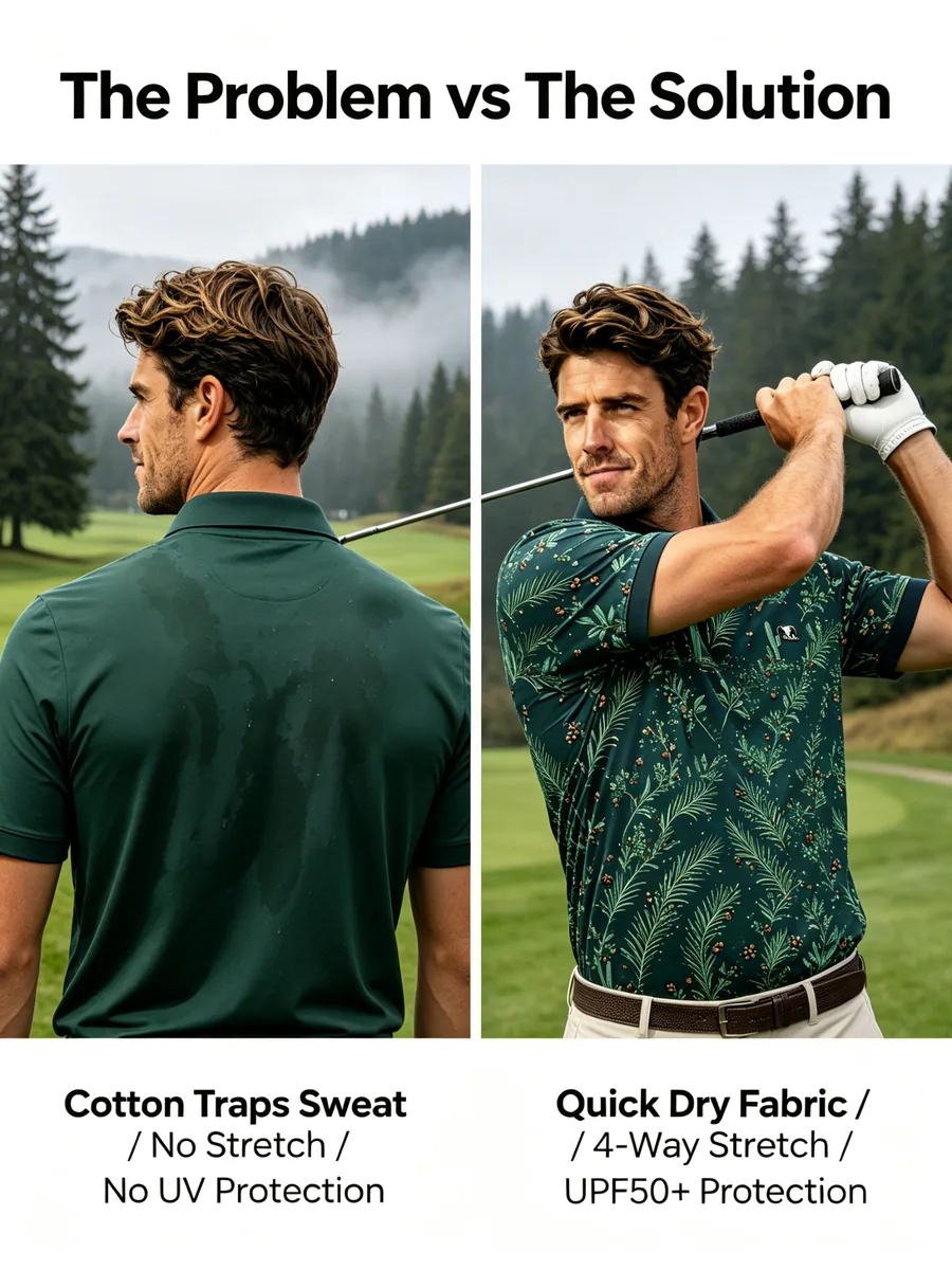 Recycled RPET Golf Polo — custom golf shirt in 88% GRS-Certified Recycled Polyester / 12% Spandex (170 GSM), Water-Based Eco Print / Recycled Thread Embroidery, low MOQ 50 pcs