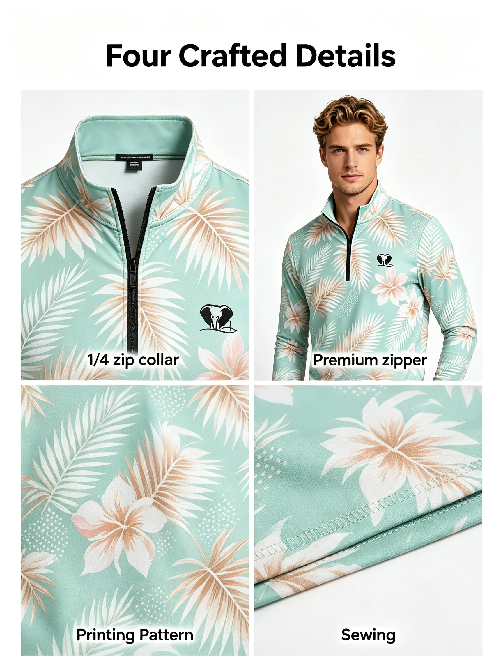 Emerald Botanical Custom Stretch Fleece Golf Quarter-Zip for Team Layering — custom golf quarter zip in 70% Polyester / 25% Rayon / 5% Spandex; 7.4 oz, Embroidery / print; sample approval required, low MOQ 50 pcs — view 4
