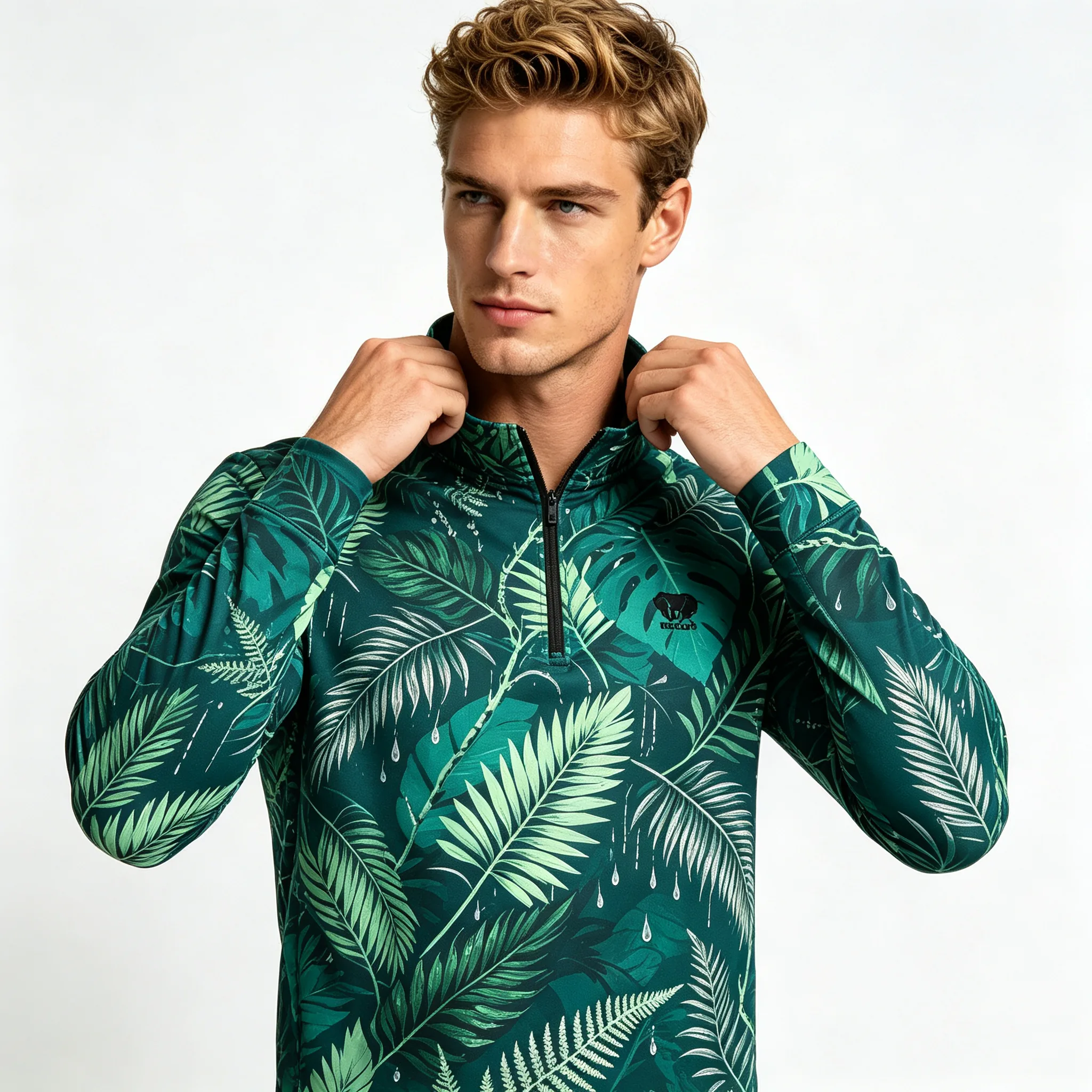 Emerald Botanical Rainforest Private Label Cotton-Blend Golf Quarter-Zip for Pro Shops — custom golf quarter zip in Cotton / 35% Polyester Fleece; 8.3 oz, Embroidery / print; sample approval required, low MOQ 50 pcs — view 2