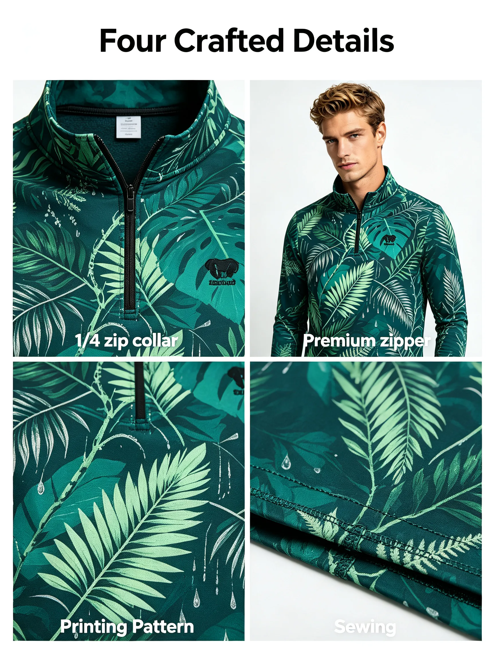 Emerald Botanical Rainforest Private Label Cotton-Blend Golf Quarter-Zip for Pro Shops — custom golf quarter zip in Cotton / 35% Polyester Fleece; 8.3 oz, Embroidery / print; sample approval required, low MOQ 50 pcs — view 4
