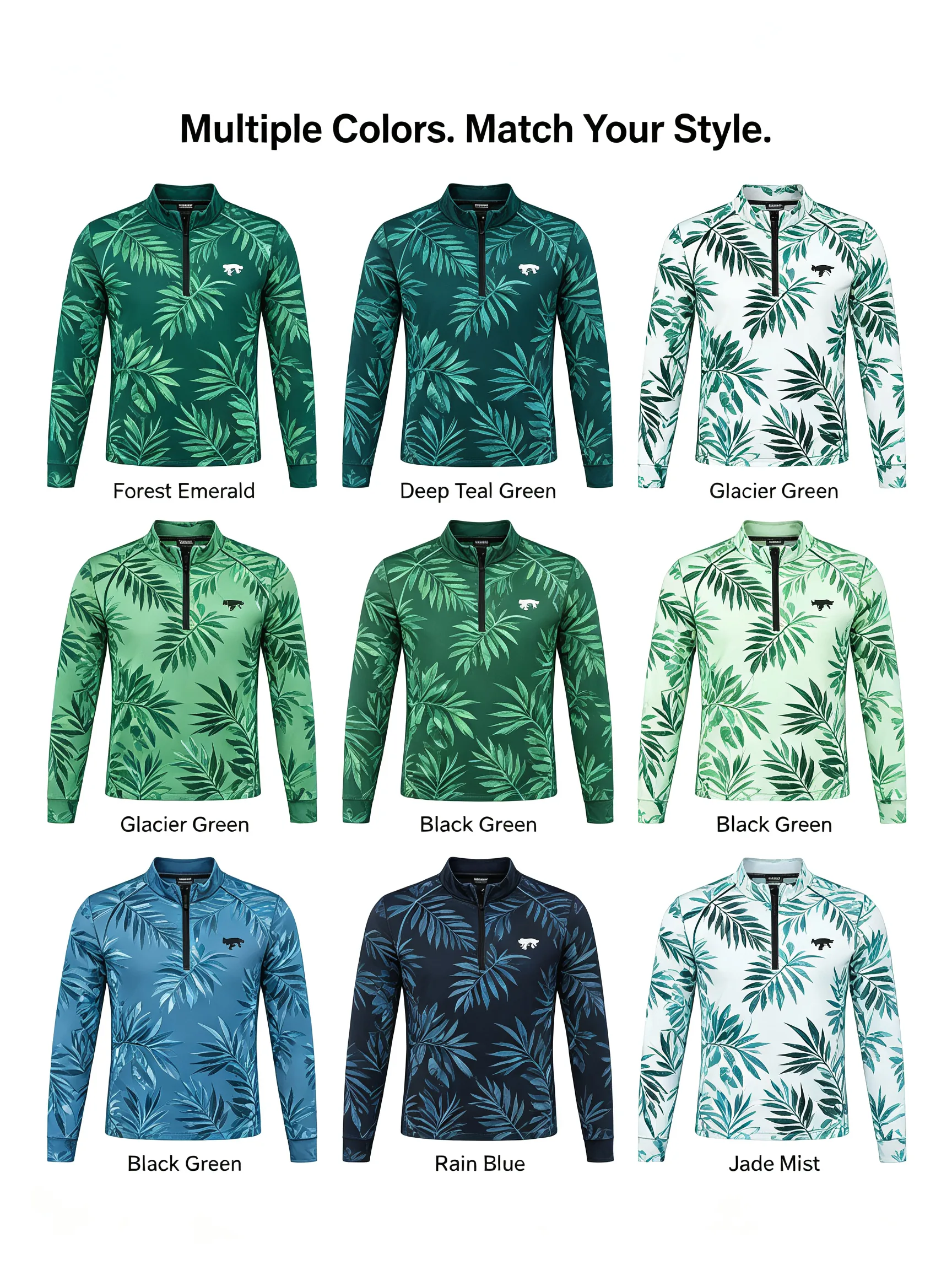 Emerald Botanical Rainforest Private Label Cotton-Blend Golf Quarter-Zip for Pro Shops — custom golf quarter zip in Cotton / 35% Polyester Fleece; 8.3 oz, Embroidery / print; sample approval required, low MOQ 50 pcs