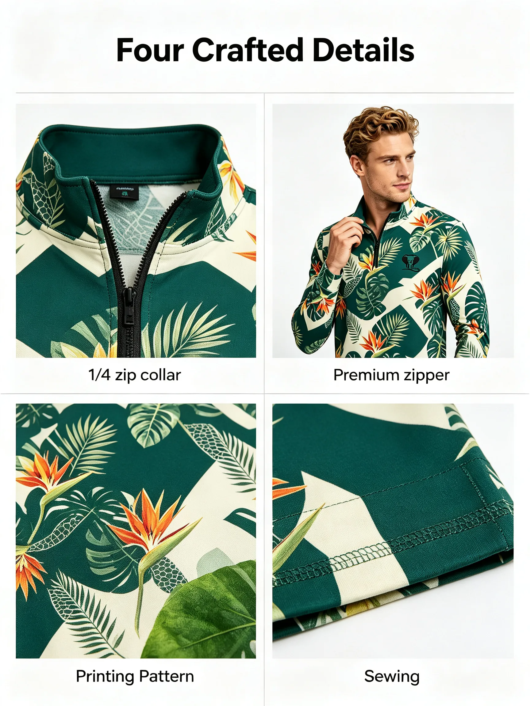 Hawaiian Monstera Floral Custom Stretch Golf Quarter-Zip with Brushed Back for Clubs — custom golf quarter zip in 90% Polyester / 10% Spandex Jersey, Embroidery / print; sample approval required, low MOQ 50 pcs — view 3