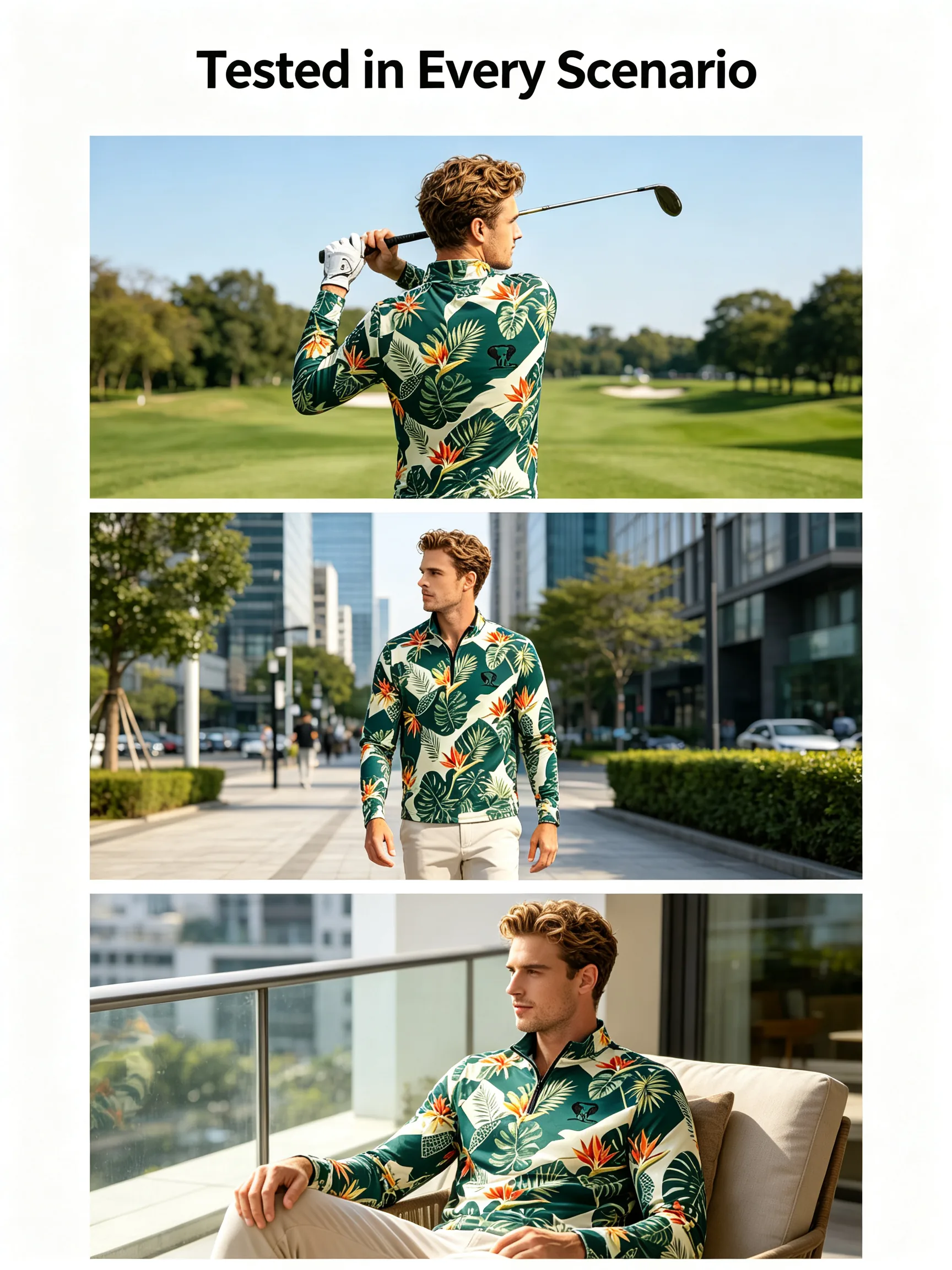 Hawaiian Monstera Floral Custom Stretch Golf Quarter-Zip with Brushed Back for Clubs — custom golf quarter zip in 90% Polyester / 10% Spandex Jersey, Embroidery / print; sample approval required, low MOQ 50 pcs — view 4