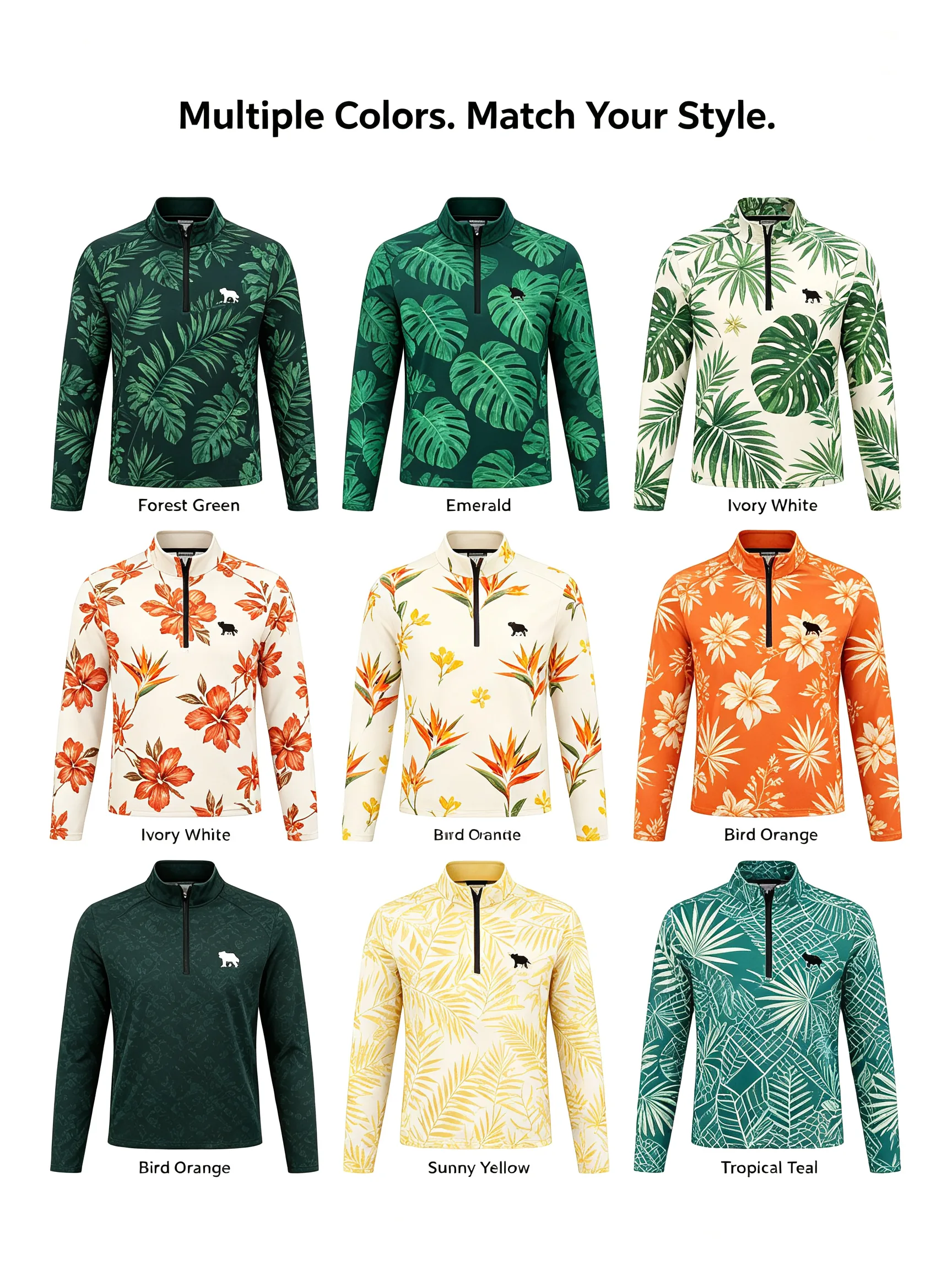 Hawaiian Monstera Floral Custom Stretch Golf Quarter-Zip with Brushed Back for Clubs — custom golf quarter zip in 90% Polyester / 10% Spandex Jersey, Embroidery / print; sample approval required, low MOQ 50 pcs