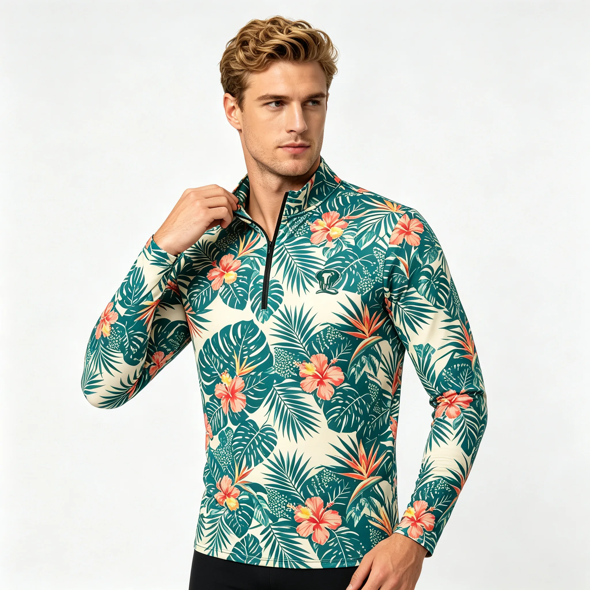 Hawaiian Monstera Floral  Custom Women’s Golf Quarter-Zip with Pocket and Thumbholes — custom golf quarter zip in 88% Polyester / 12% Spandex, Embroidery / print; sample approval required, low MOQ 50 pcs — view 3