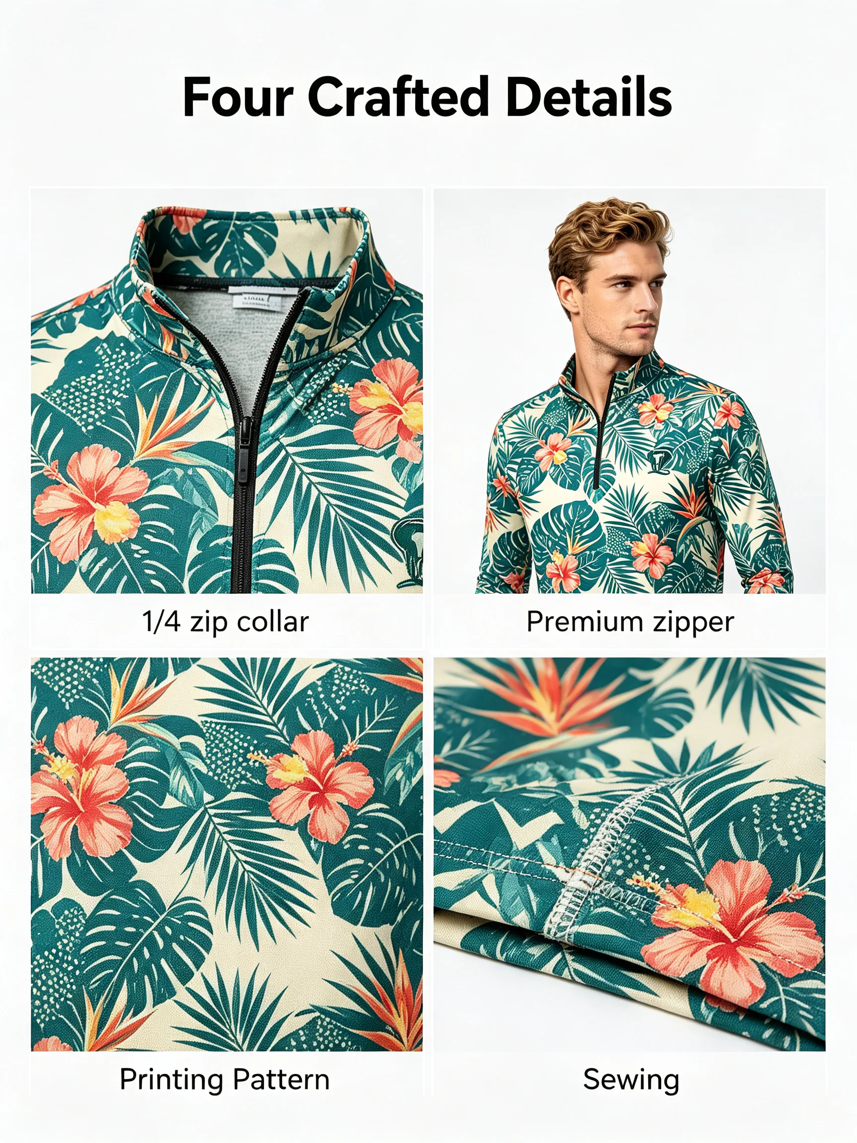 Hawaiian Monstera Floral  Custom Women’s Golf Quarter-Zip with Pocket and Thumbholes — custom golf quarter zip in 88% Polyester / 12% Spandex, Embroidery / print; sample approval required, low MOQ 50 pcs — view 4
