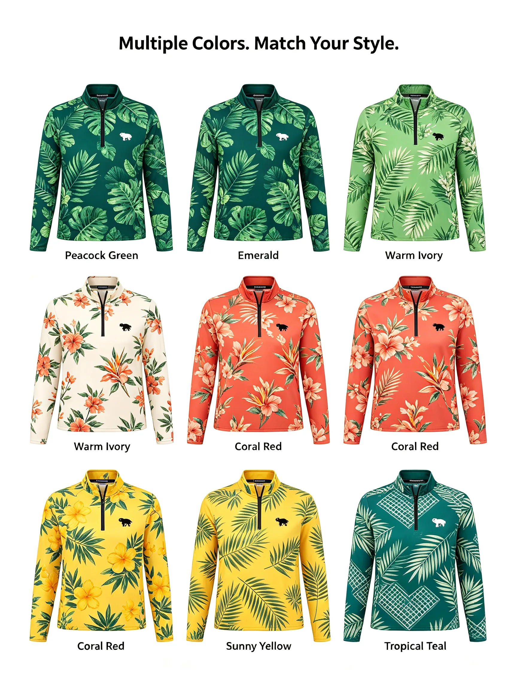 Hawaiian Monstera Floral Custom Women’s Golf Quarter-Zip with Pocket and Thumbholes — custom golf quarter zip in 88% Polyester / 12% Spandex, Embroidery / print; sample approval required, low MOQ 50 pcs