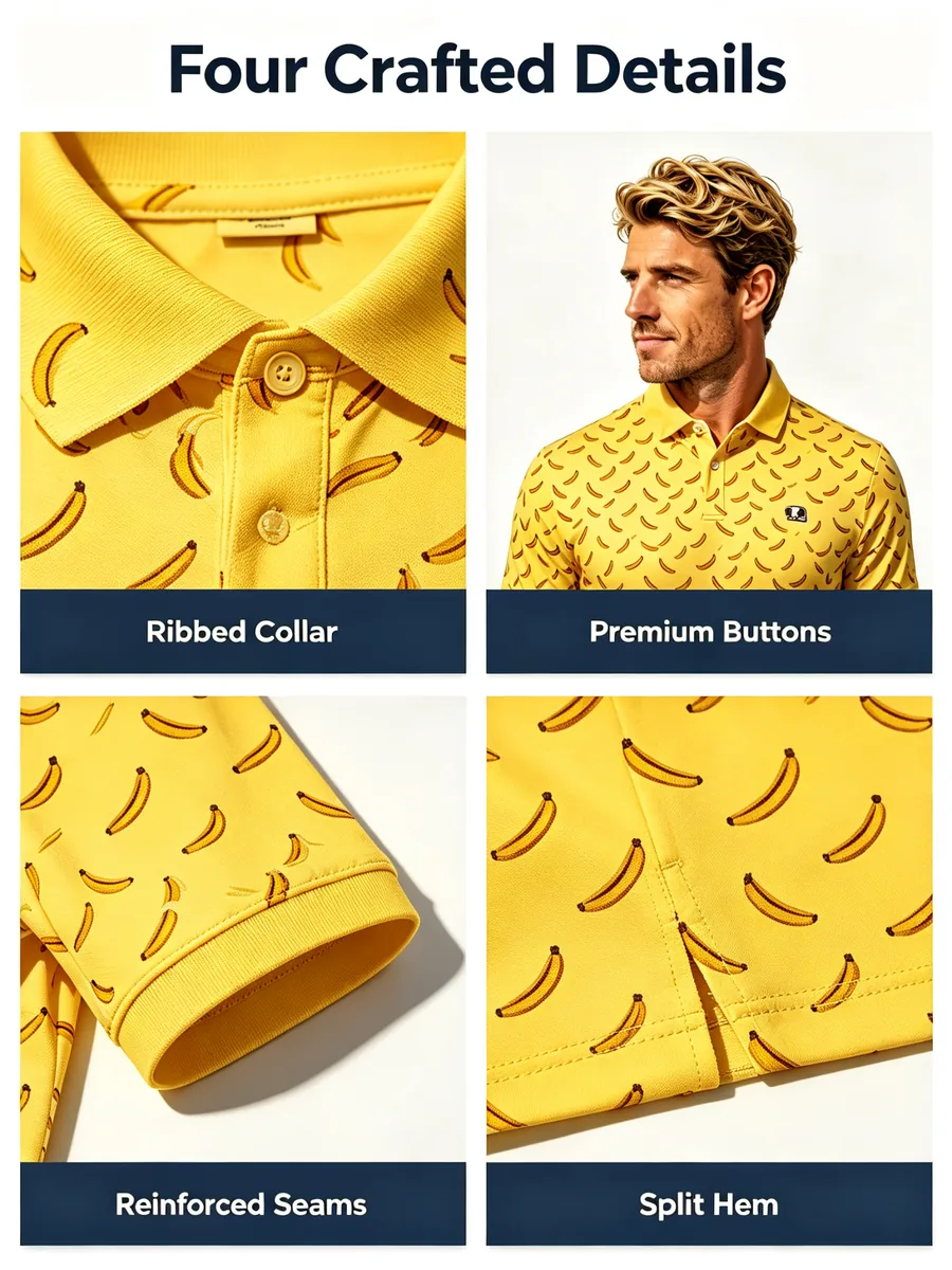 Streetwear Micro Banana Golf Polo Shirt - Anti-Odor Elastic Jersey Fairway Athleisure — custom golf shirt in 88% Breathable Polyester / 12% Spandex Interlock (170 GSM), Full-Bleed Digital Sublimation Dye, low MOQ 50 pcs — view 2