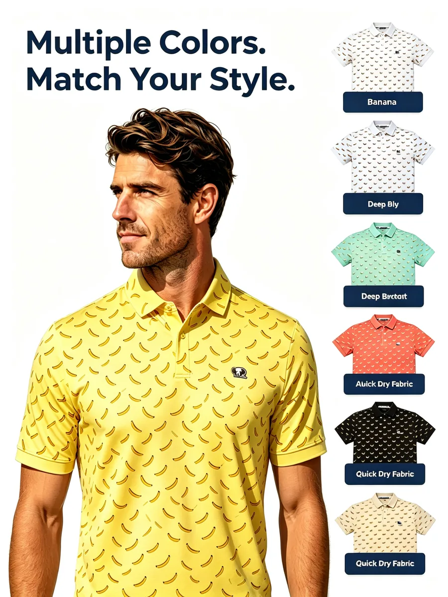 Streetwear Micro Banana Golf Polo Shirt - Anti-Odor Elastic Jersey Fairway Athleisure — custom golf shirt in 88% Breathable Polyester / 12% Spandex Interlock (170 GSM), Full-Bleed Digital Sublimation Dye, low MOQ 50 pcs — view 4
