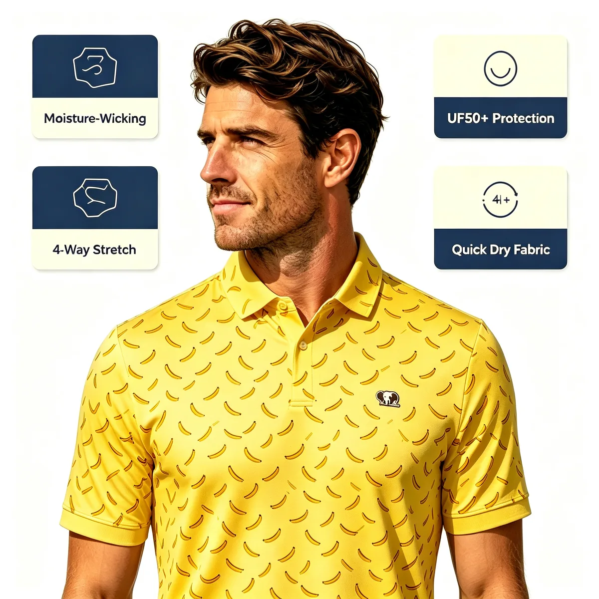 Streetwear Micro Banana Golf Polo Shirt - Anti-Odor Elastic Jersey Fairway Athleisure — custom golf shirt in 88% Breathable Polyester / 12% Spandex Interlock (170 GSM), Full-Bleed Digital Sublimation Dye, low MOQ 50 pcs
