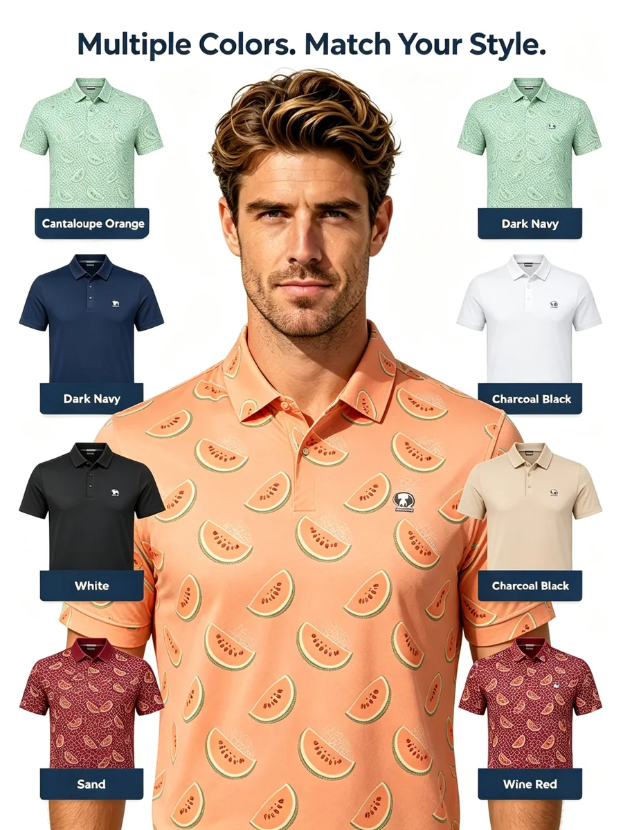Pastel Cantaloupe Melon Golf Polo Shirt - Ultra-Light Breathable Mesh Early Morning Apparel — custom golf shirt in 90% Polyester / 10% Spandex Technical Mesh (165 GSM), Full-Bleed Digital Sublimation Dye, low MOQ 50 pcs