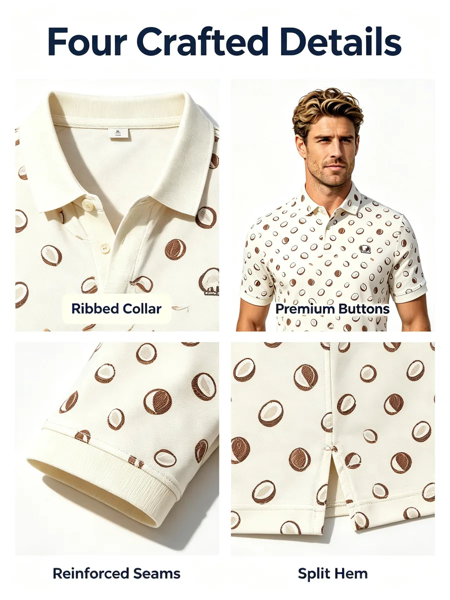 Coastal Coconut & Palm Print Golf Polo - Breathable UV Shield Pique Island Resort Apparel — custom golf shirt in 90% Moisture-Wicking Poly / 10% Spandex Pique (175 GSM), Full-Bleed Digital Sublimation Dye, low MOQ 50 pcs — view 2